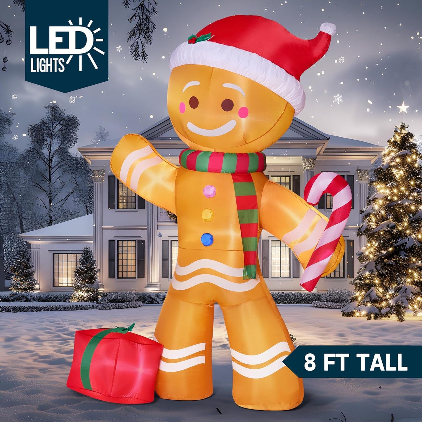 8 FT Christmas Inflatables Gingerbread Man with Candy Cane, Christmas Blow Ups Gingerbread Inflatable Yard Decoration with Build-In Leds for Xmas, Party, Outdoor, Yard, Garden, Lawn Décor
