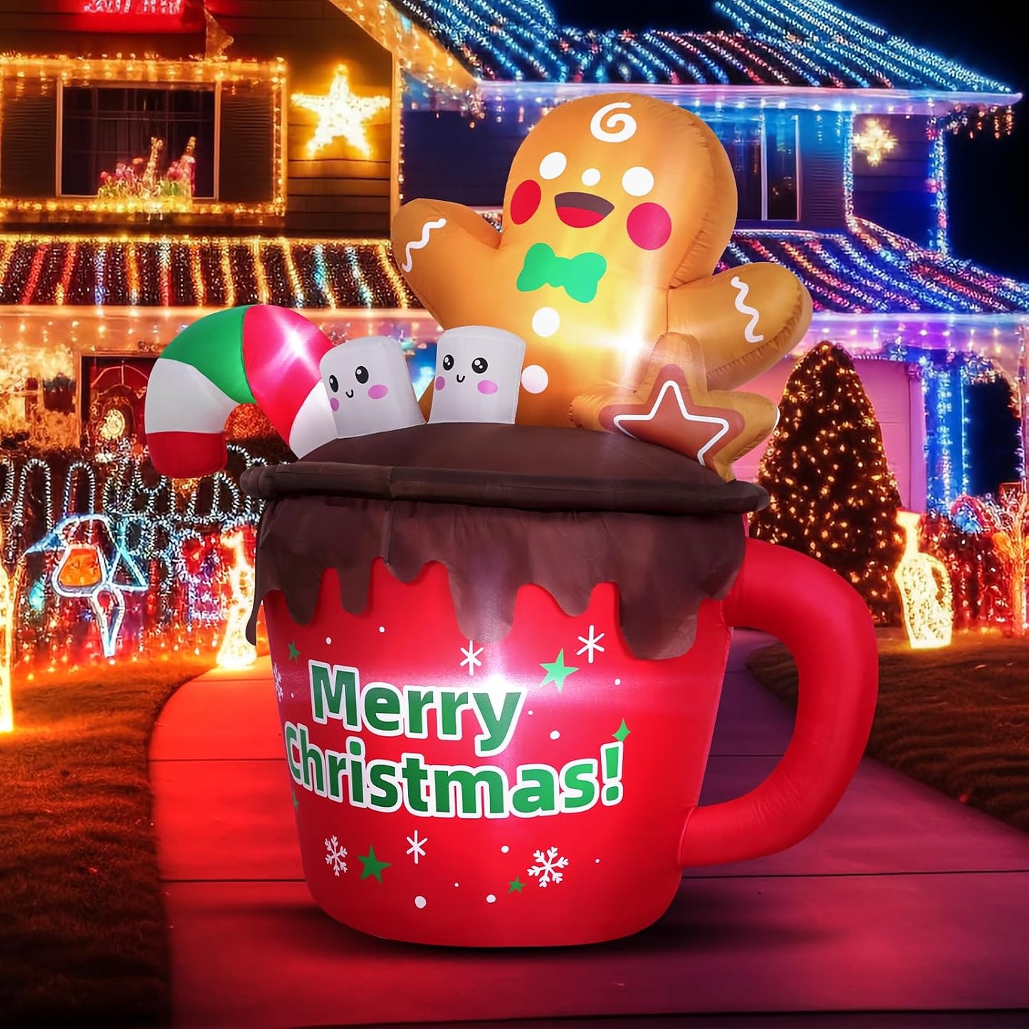 6FT Christmas Inflatables Outdoor Decorations, Gingerbread Christmas Inflatable Hot Cocoa Mug with Built-In Leds Blow up Christmas Decoration for Garden Lawn Yard Patio Xmas Inflatable