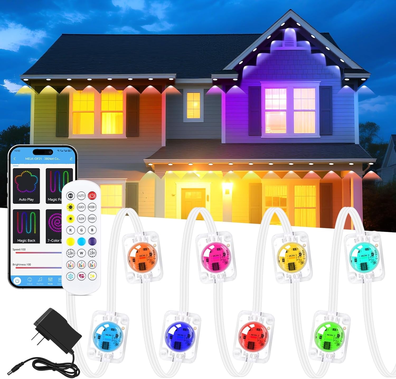 200FT RGB+IC Permanent Outdoor Lights, 24V Year-Round Roof & Eaves Lighting with 221 Modes, App & Remote Control, IP68 Waterproof, Smart outside Lights for Halloween, Christmas, Holidays