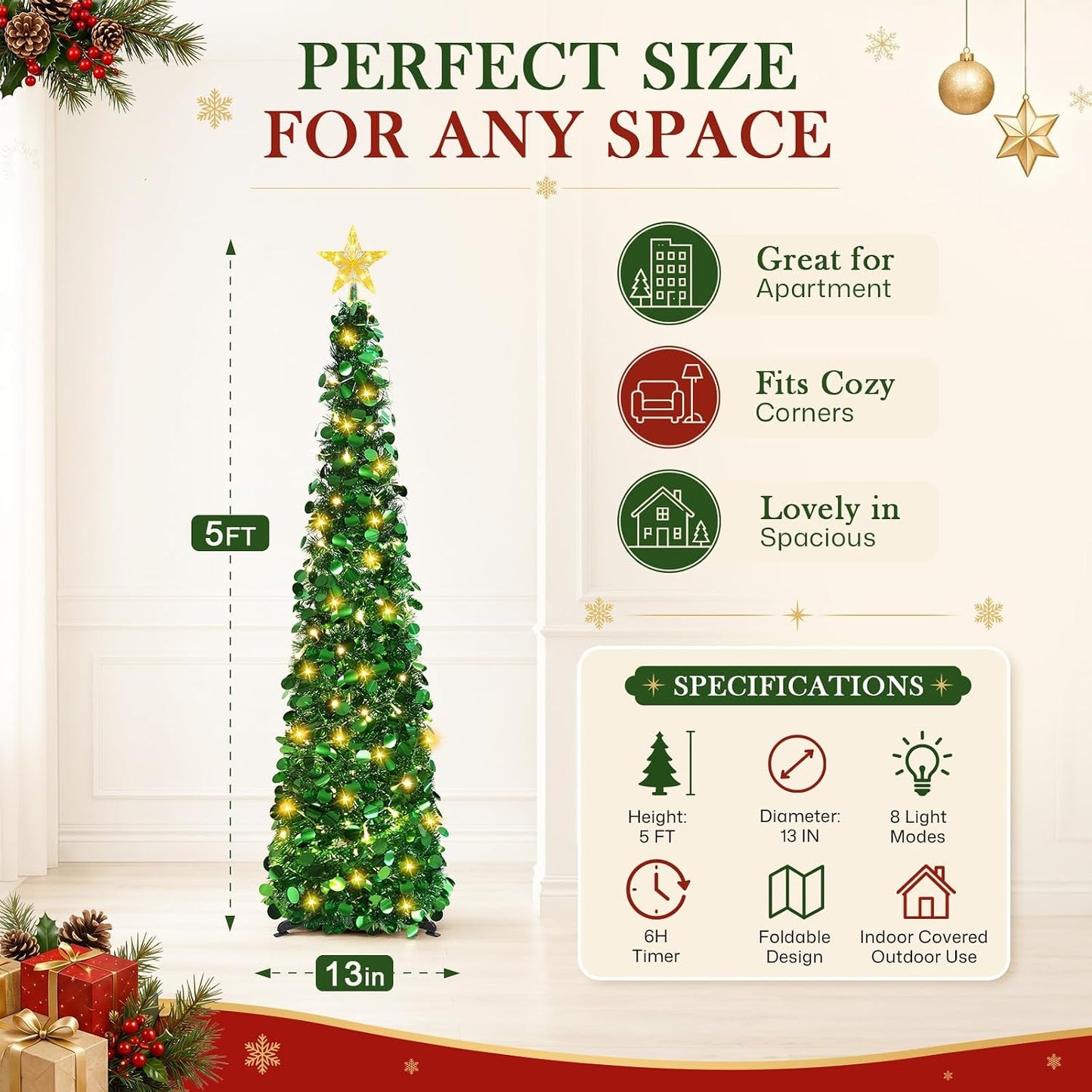 5FT Pop up Christmas Tree with Lighted Top Star for Christmas Decorations