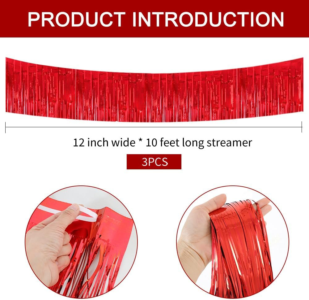 Red Fringe Garland Banner 3Pack 30Ft Wall Tinsel Foil Streamers