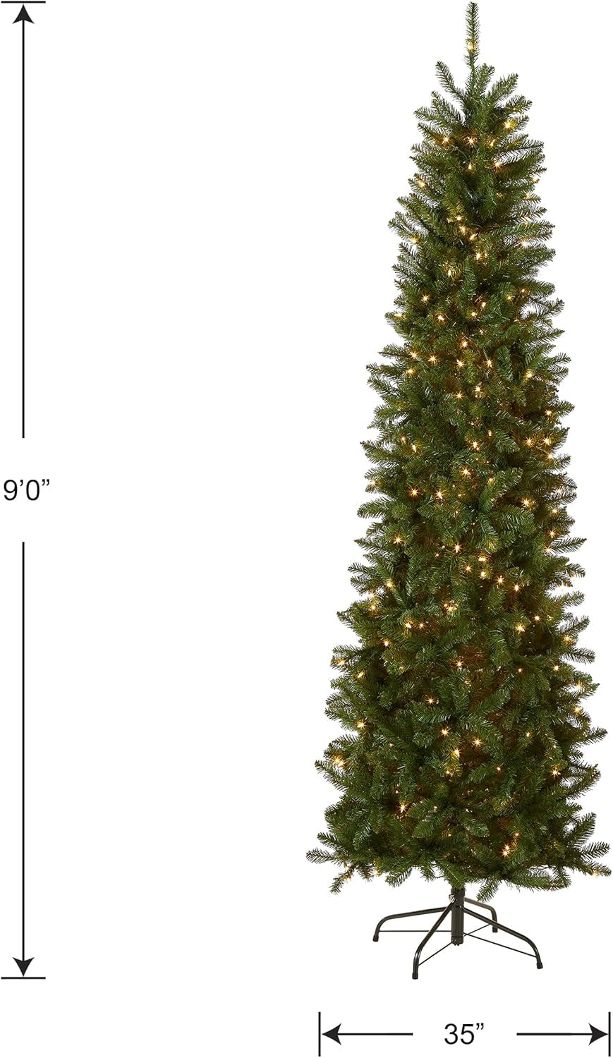 Artificial Pre-Lit Slim Christmas Tree, Green, Kingswood Fir, White Lights, Includes Stand, 9 Feet