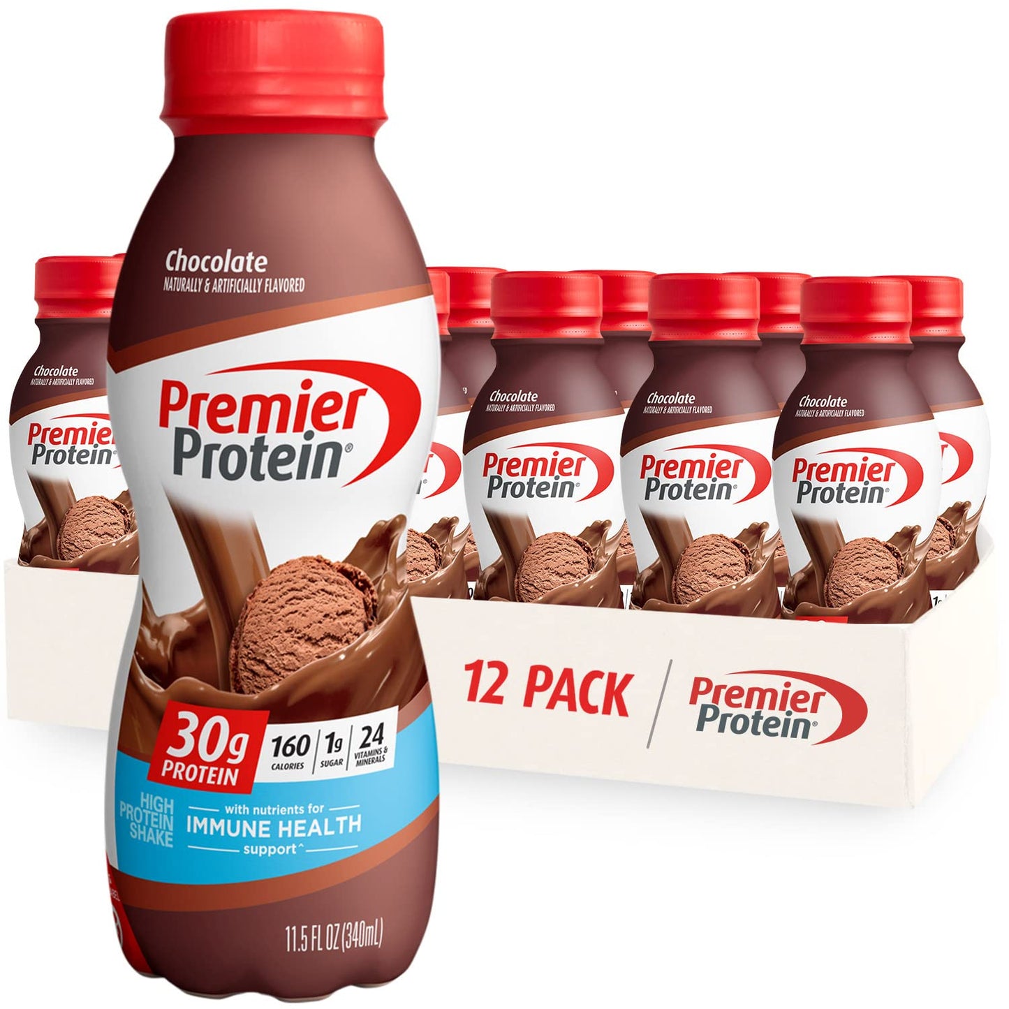 Protein Shake Premier, Chocolate, 30G Protein 1G Sugar 24 Vitamins Minerals Nutrients to Support Immune Health, 11.5 Fl Oz (Pack of 12)