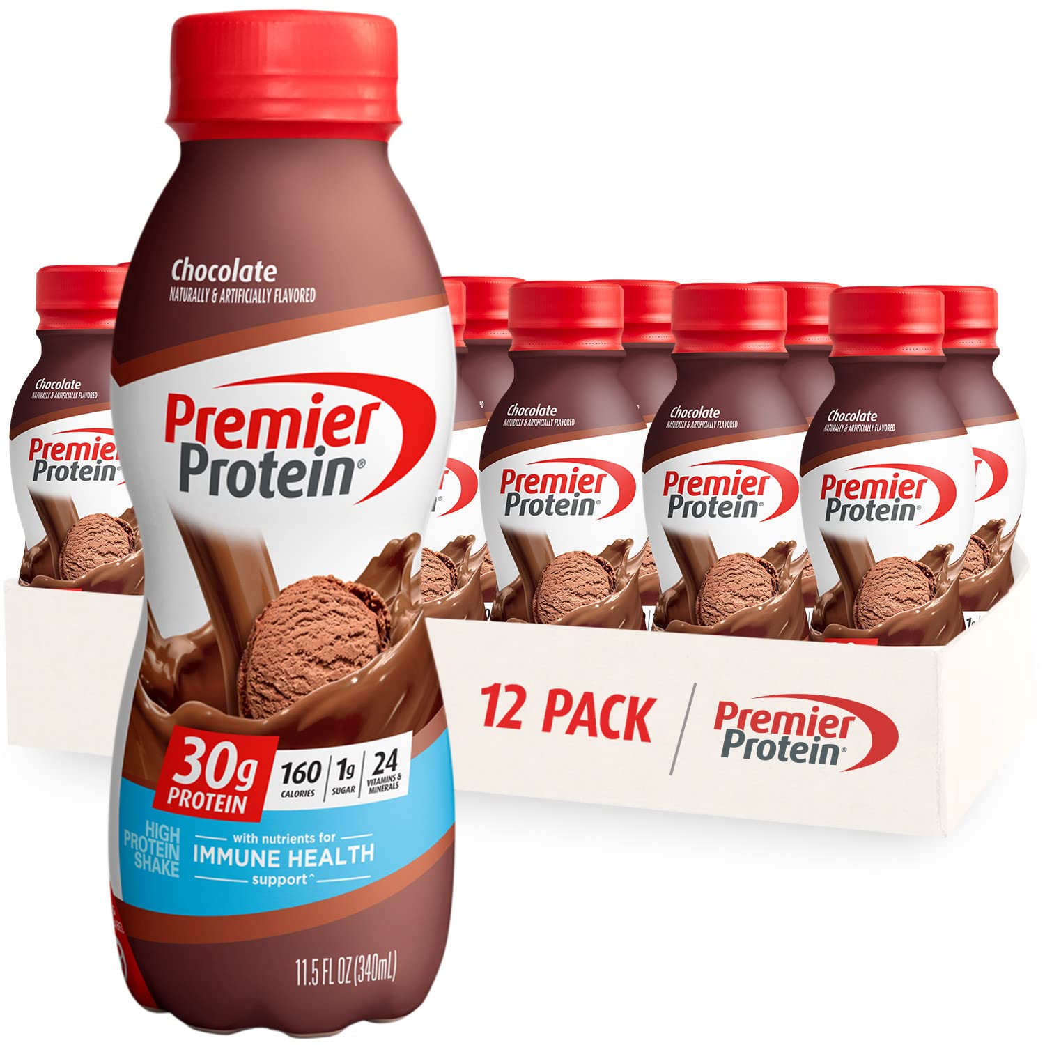 Protein Shake Premier, Chocolate, 30G Protein 1G Sugar 24 Vitamins Minerals Nutrients to Support Immune Health, 11.5 Fl Oz (Pack of 12)