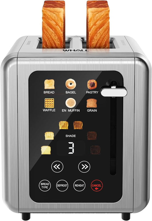 Touch Screen Toaster 2 Slice, Stainless Steel Digital Timer Toaster with Sound Function, Smart Extra Wide Slots Toaster with Bagel, Cancel, Defrost (Silver)