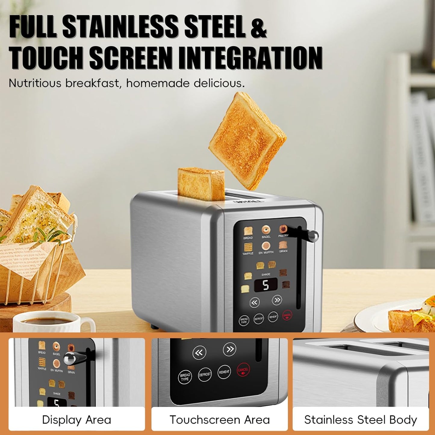 Touch Screen Toaster 2 Slice, Stainless Steel Digital Timer Toaster with Sound Function, Smart Extra Wide Slots Toaster with Bagel, Cancel, Defrost (Silver)