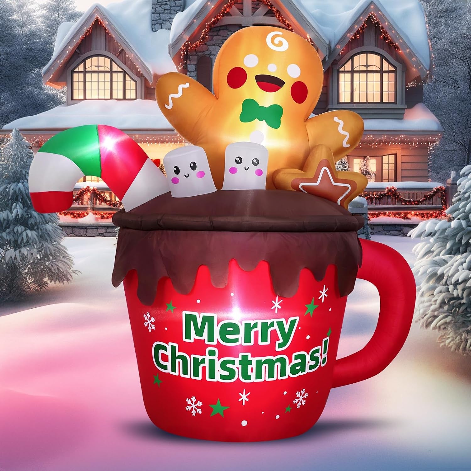 6FT Christmas Inflatables Outdoor Decorations, Gingerbread Christmas Inflatable Hot Cocoa Mug with Built-In Leds Blow up Christmas Decoration for Garden Lawn Yard Patio Xmas Inflatable