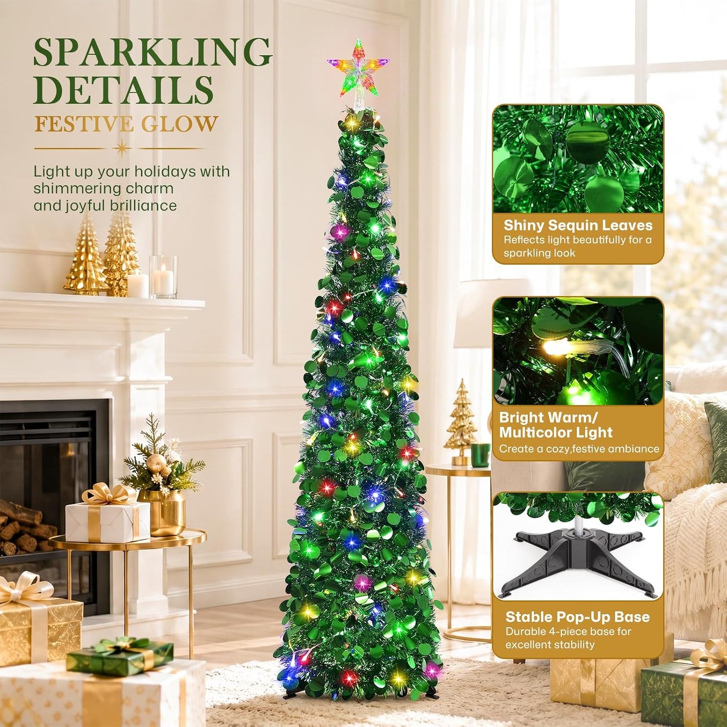 5FT Pop up Christmas Tree with Lighted Top Star for Christmas Decorations