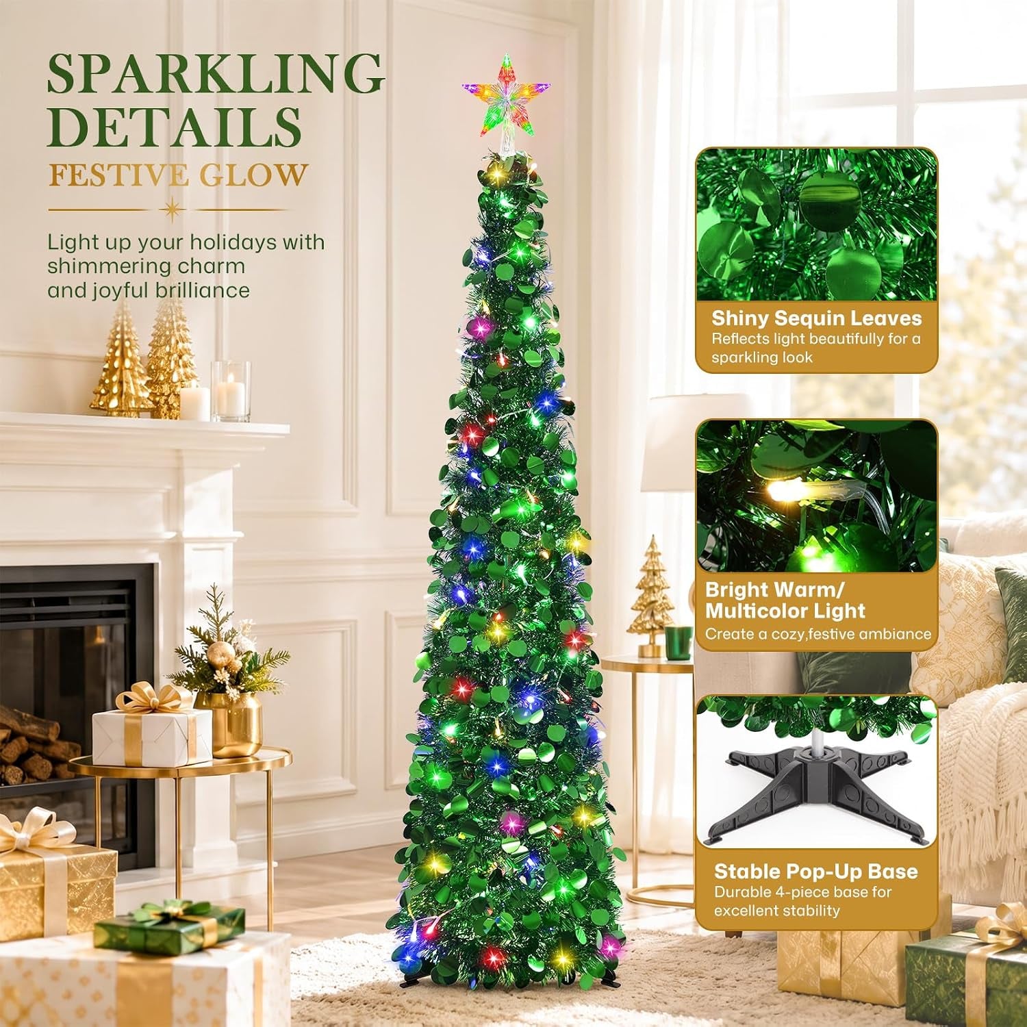 5FT Pop up Christmas Tree with Lighted Top Star for Christmas Decorations