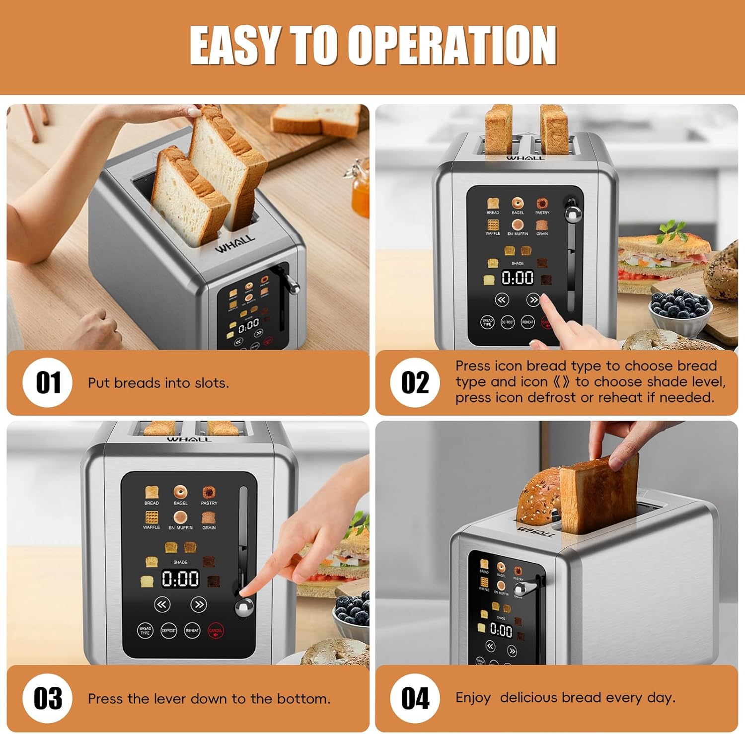 Touch Screen Toaster 2 Slice, Stainless Steel Digital Timer Toaster with Sound Function, Smart Extra Wide Slots Toaster with Bagel, Cancel, Defrost (Silver)