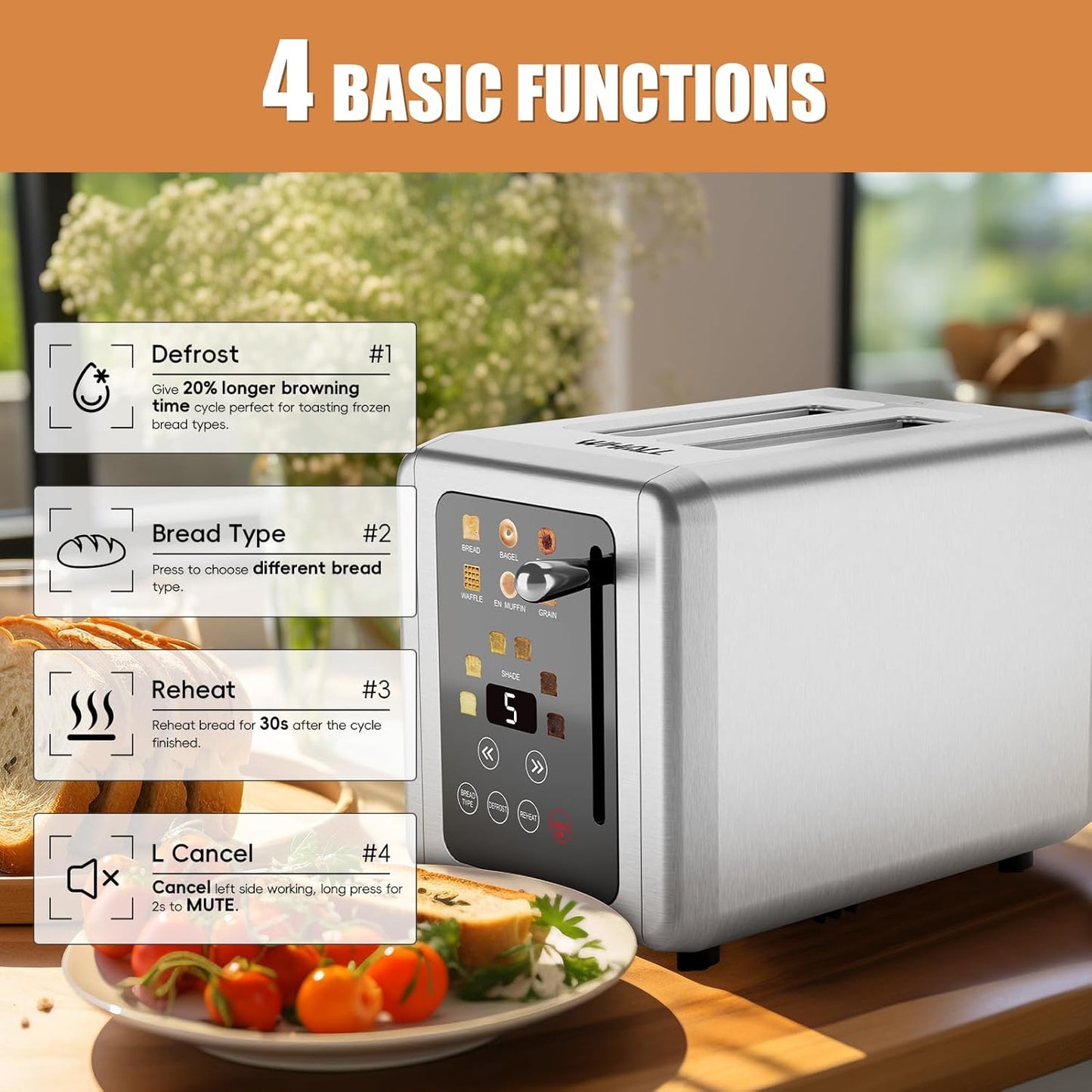 Touch Screen Toaster 2 Slice, Stainless Steel Digital Timer Toaster with Sound Function, Smart Extra Wide Slots Toaster with Bagel, Cancel, Defrost (Silver)