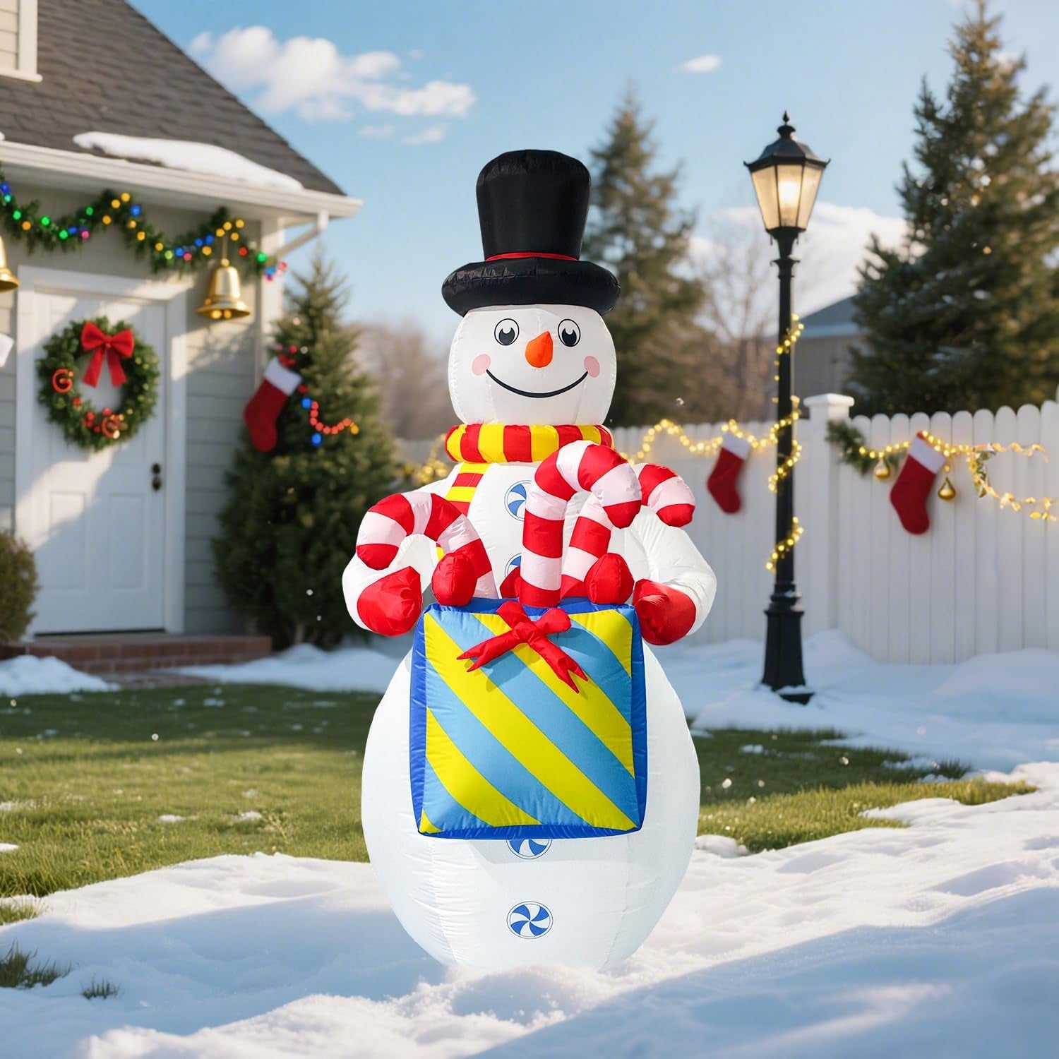 8Ft Tall Inflatable Snowman Christmas Decorations,Built-In LED Lights Outdoor Holiday Decor with Gift Box and Candy Canes, Fast Self-Inflating,For Yard Holiday Xmas New Year