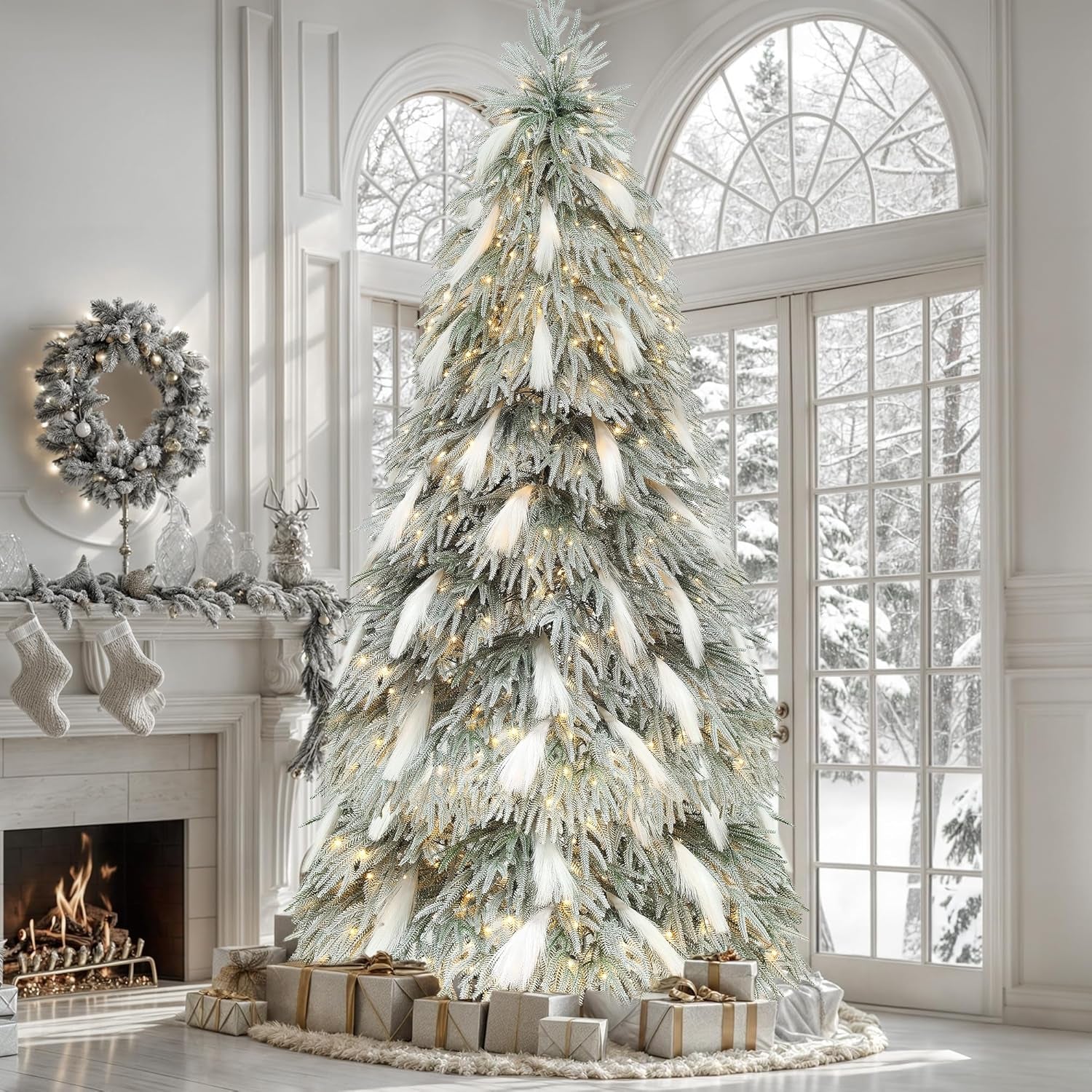 Pre-Lit Flocked Pampas Christmas Tree 6Ft
