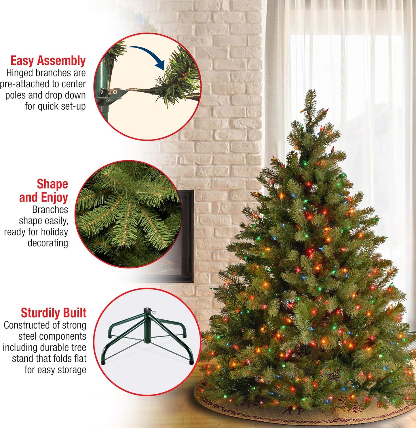 Pre-Lit 'Feel Real' Artificial Full Downswept Christmas Tree, Green, Douglas Fir, Multicolor Lights, Includes Stand, 4.5 Feet