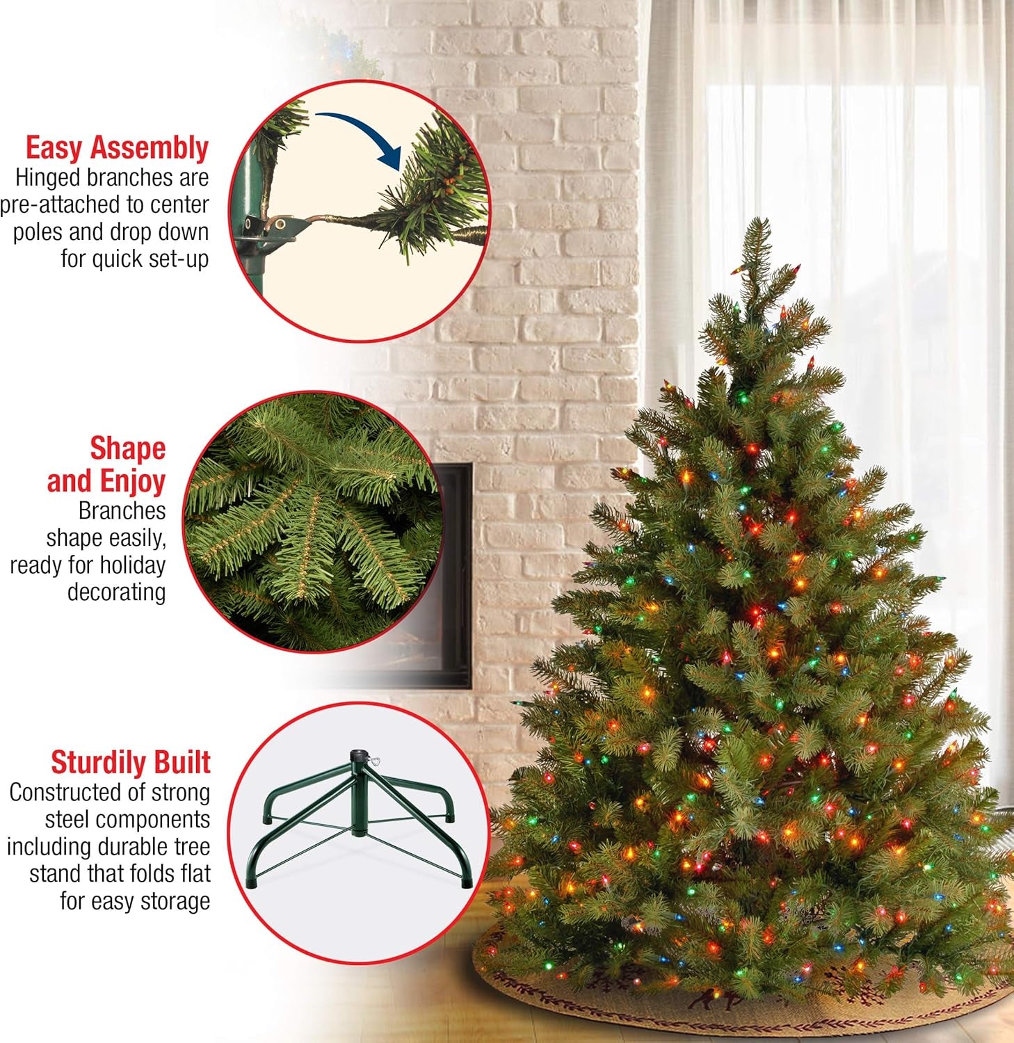 Pre-Lit 'Feel Real' Artificial Full Downswept Christmas Tree, Green, Douglas Fir, Multicolor Lights, Includes Stand, 4.5 Feet