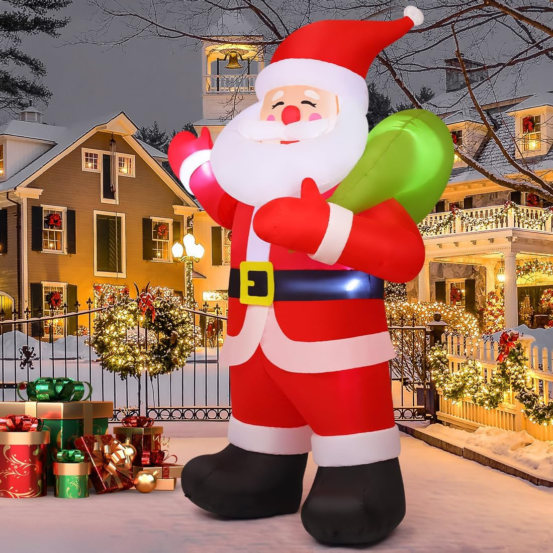 9 FT Animated Christmas Decorations Santa Inflatables, Outdoor Christmas Santa Claus Carry Gift Bag&Shaking Hand Blow up Yard Built-In Leds for Indoor Xmas Party Garden Lawn Decor