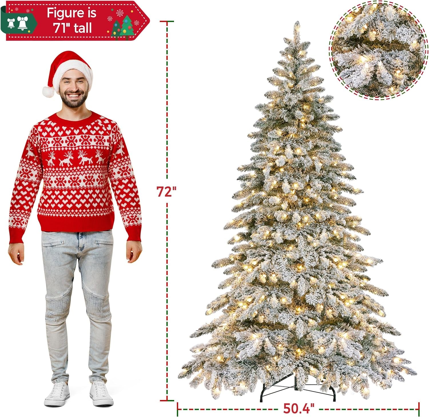 6Ft Pre-Lit Artificial Christmas Tree with 400 Warm White LED Lights & 940 PVC Tips,Hinged Snow Flocked Xmas Tree with Foldable Stand & Protective Foot Caps,Green & White