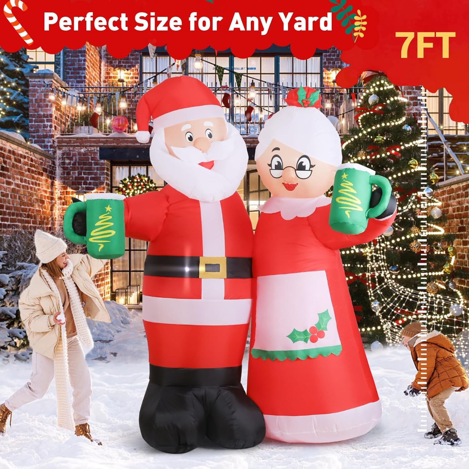 7FT Animated Christmas Inflatables Santa Claus Outdoor Decorations, Cheers Santa Inflatable Christmas Decorations with Built-In Leds, Christmas Blow up Yard Decorations for Garden Lawn Outdoor