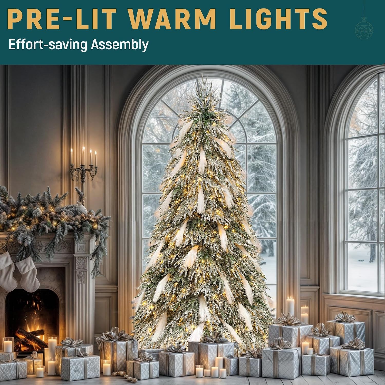 Pre-Lit Flocked Pampas Christmas Tree 6Ft