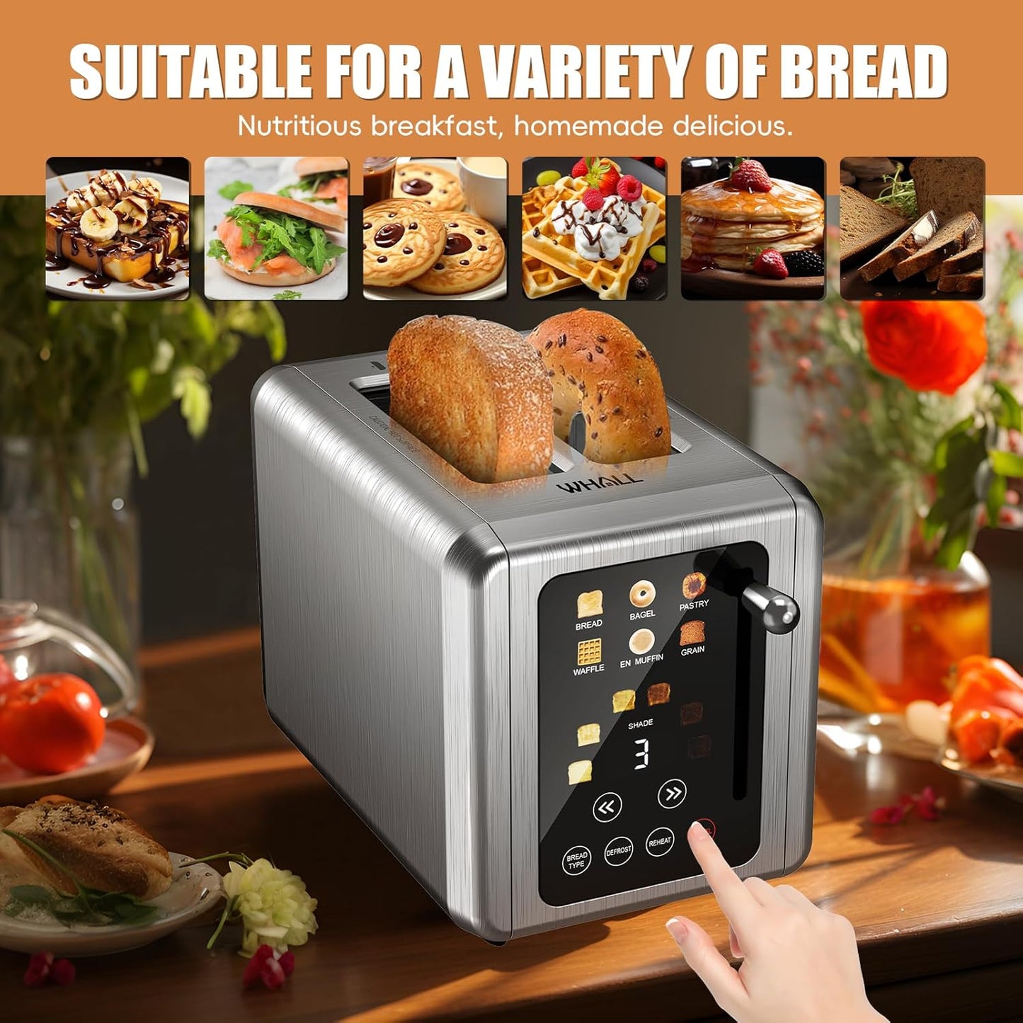 Touch Screen Toaster 2 Slice, Stainless Steel Digital Timer Toaster with Sound Function, Smart Extra Wide Slots Toaster with Bagel, Cancel, Defrost (Silver)