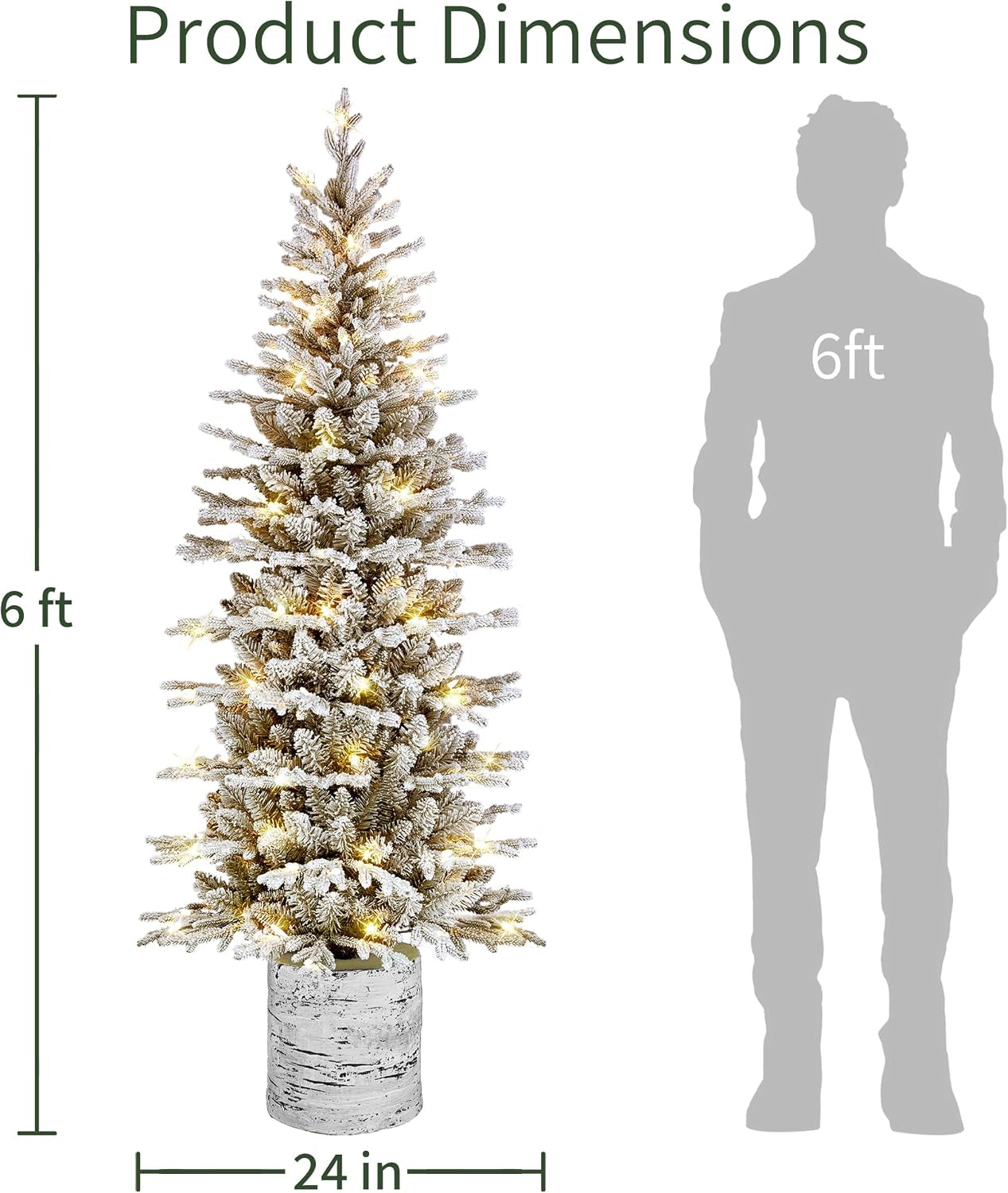 6Ft Pre-Lit Potted Flocked Pencil Christmas Tree