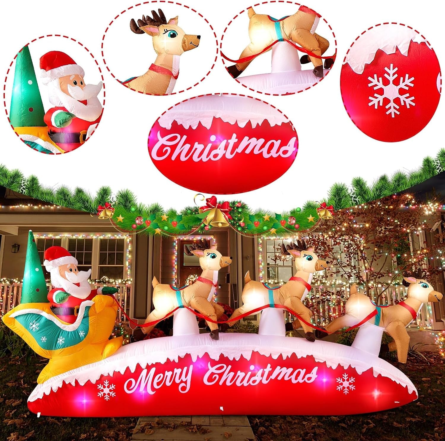 10FT Christmas Inflatables Outdoor Decorations Santa Claus Reindeer Sleigh