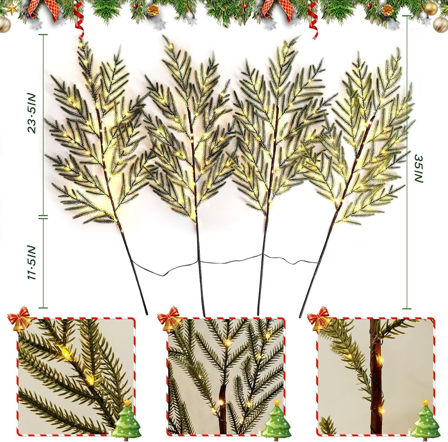 4 Pcs Lighted Norfolk Pine Branches for Vase 35"Artificial Pine Branches