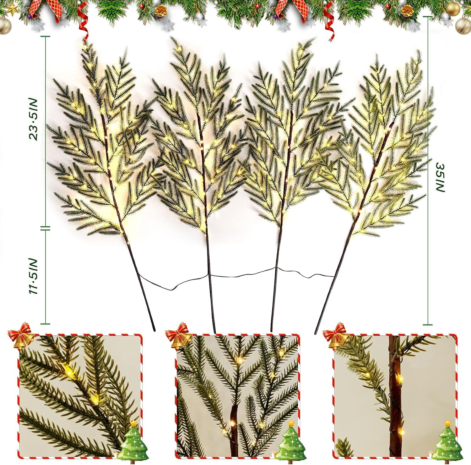 4 Pcs Lighted Norfolk Pine Branches for Vase 35"Artificial Pine Branches