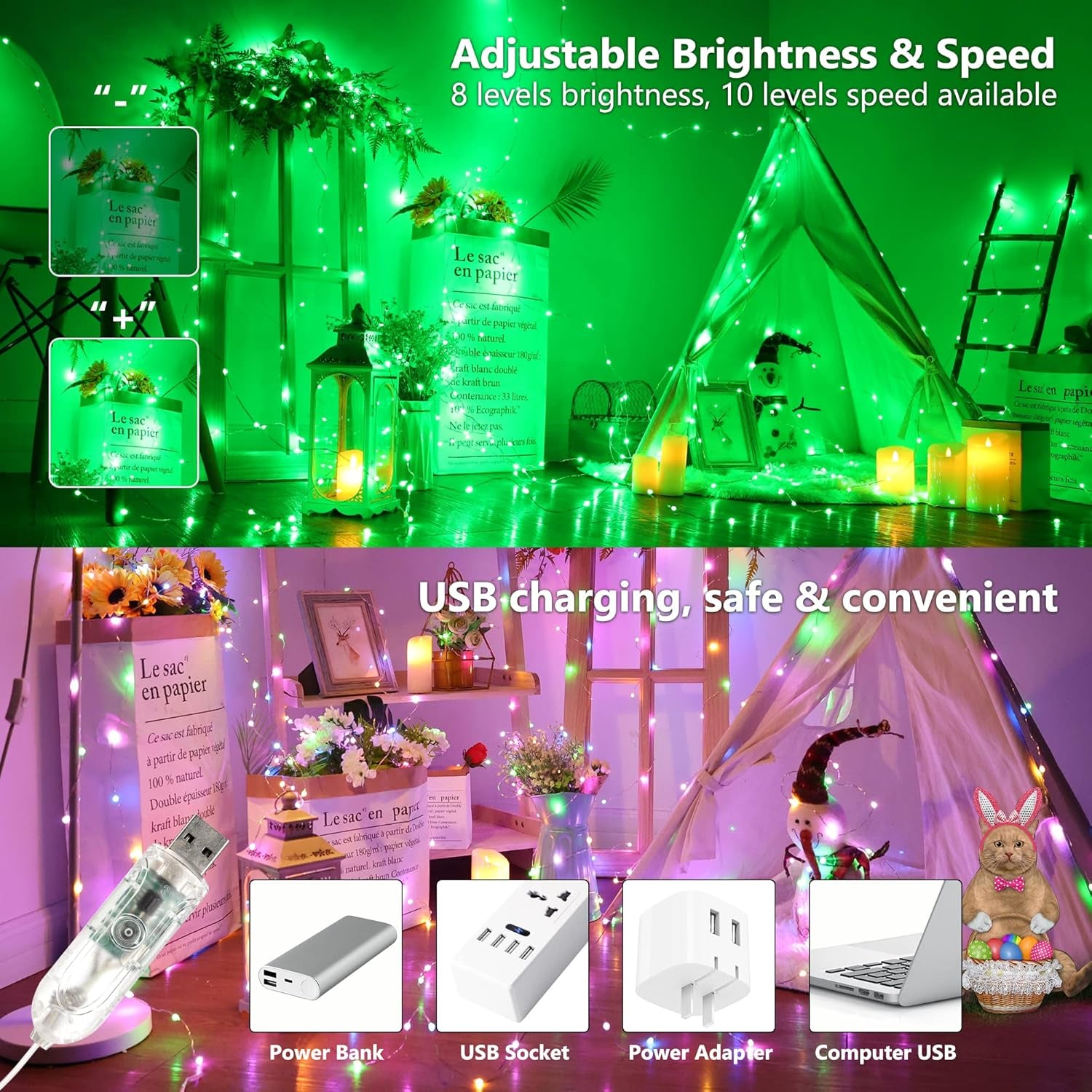 Christmas Fairy String Lights, 33Ft 100 LED Color Changing Christmas Fairy Lights with Remote Timer, USB Rainbow Xmas Light Music Sync RGB Twinkle Light for Xmas Halloween Home Party Wedding