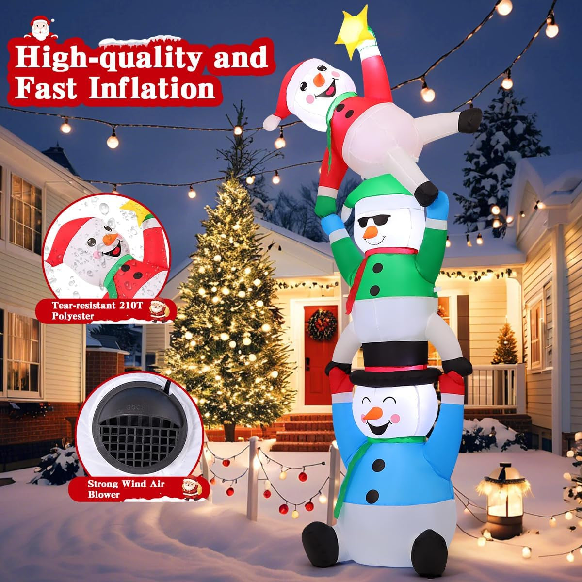 8 FT Christmas Snowman Inflatable Decoration Blow up Three Snowman Pick Stars Blow up Holiday Indoor Outdoor Party Garden Yard Decoration