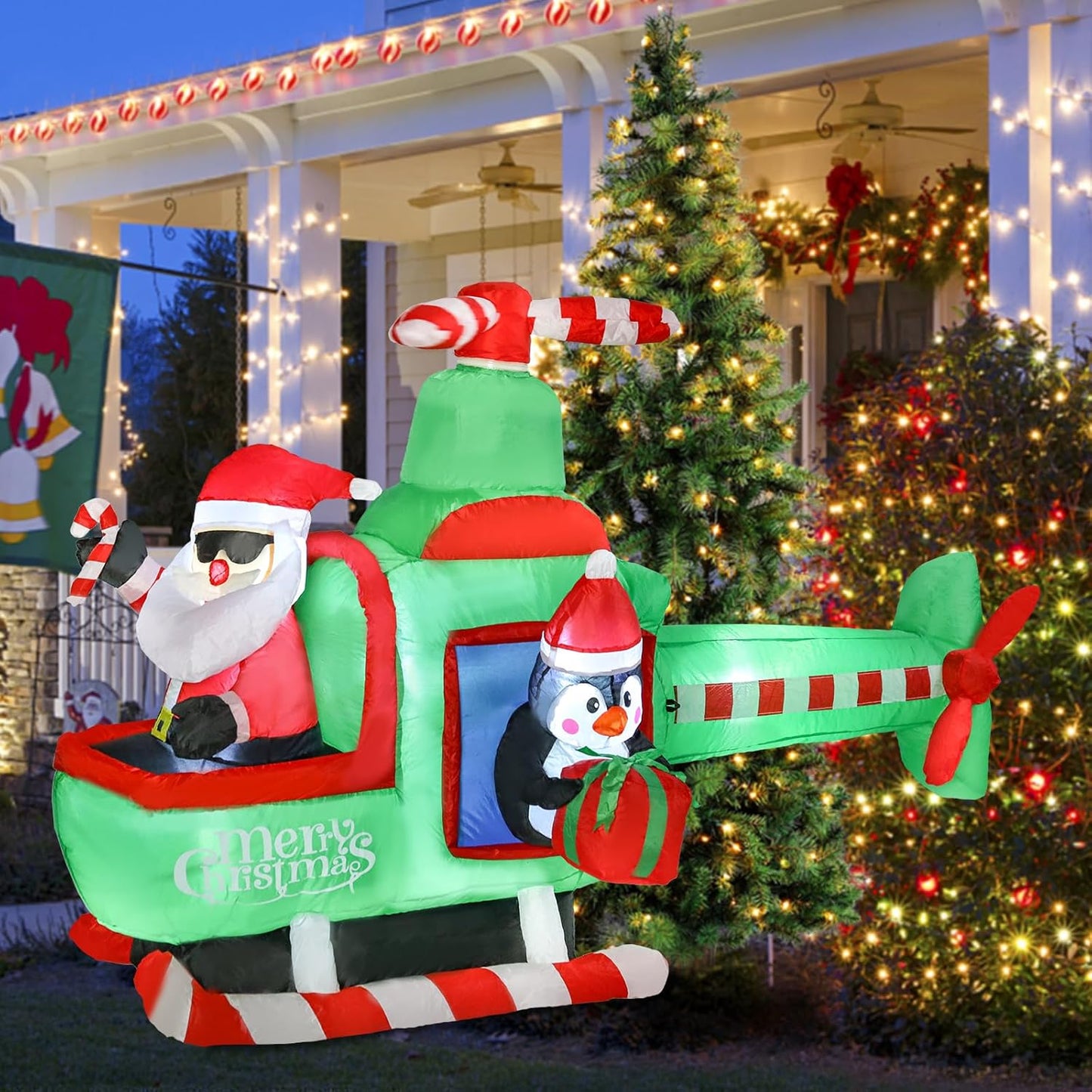 Christmas Inflatables Outdoor Decorations, 6.5FT Santa Flying Animated Airplane with Penguin Blow up Built-In LED Lights for Holiday Yard Garden Lawn Xmas Decor