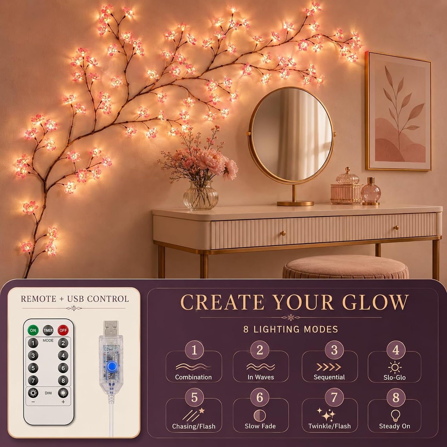 Cherry Blossom Willow Vine LED Tree Branch Lights 4FT 48 LED for Wall Decor