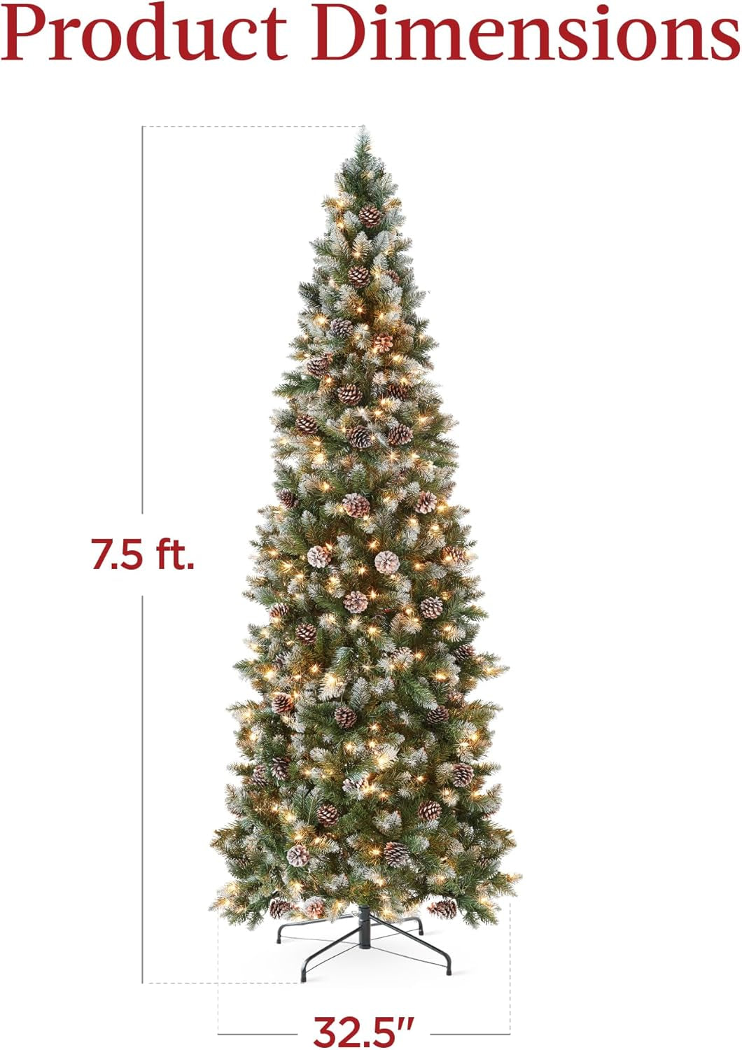 7.5Ft Pre-Lit Pencil Christmas Tree, Partially Flocked & Frosted Slim Holiday Tree Decoration, Skinny Xmas Tree, 350 Lights, 1,075 Frosted Tips, 64 Pine Cones, Foldable Stand