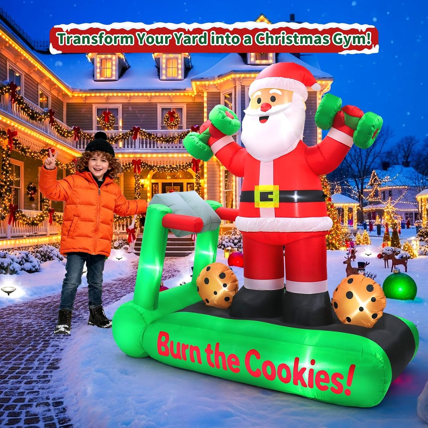 7FT Christmas Inflatable Santa Decorations, Santa on Treadmill with Dumbbells, Funny Fitness Santa Outdoor Blow up Yard Decoration with Built-In LED Lights for Holiday Garden, Lawn, Patio