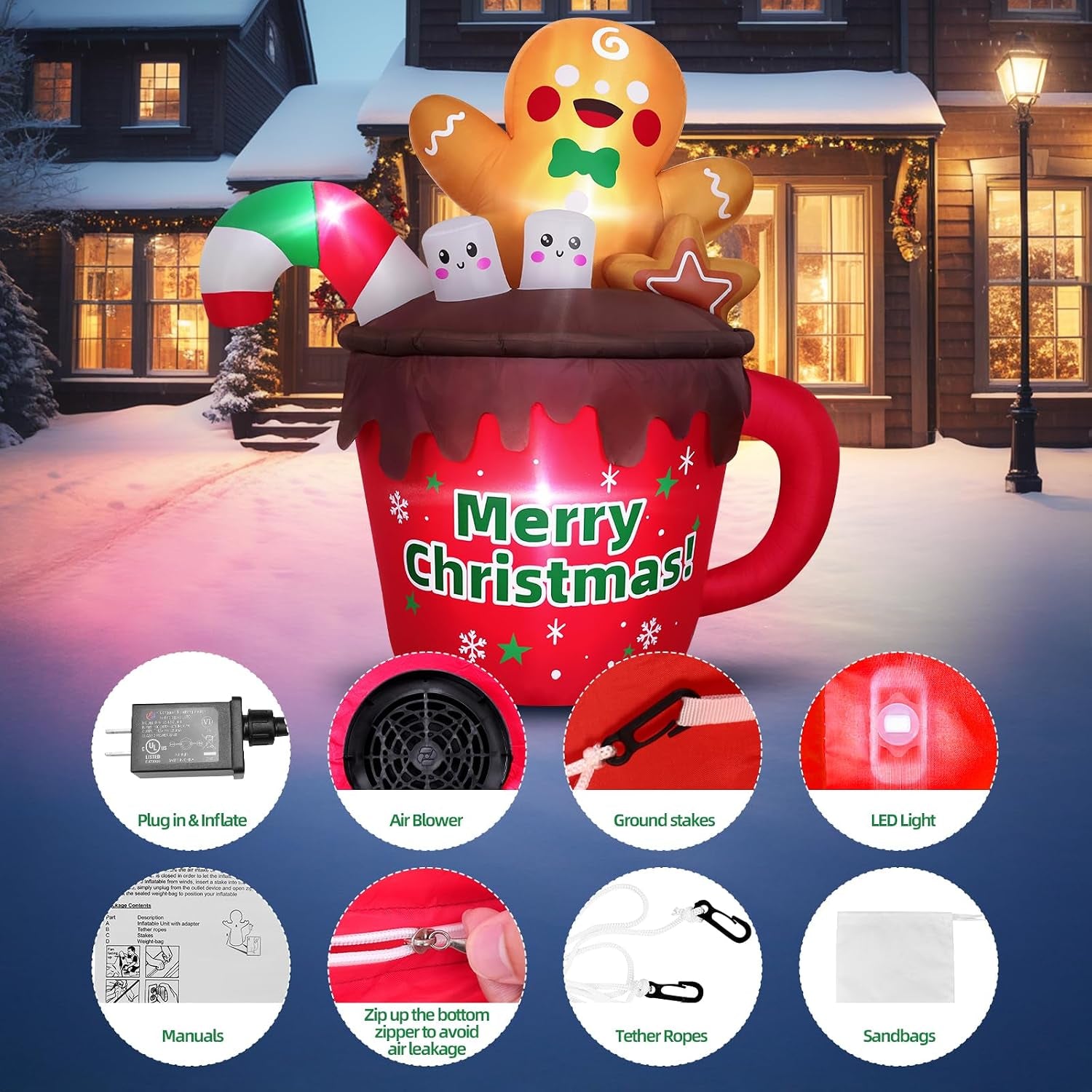 6FT Christmas Inflatables Outdoor Decorations, Gingerbread Christmas Inflatable Hot Cocoa Mug with Built-In Leds Blow up Christmas Decoration for Garden Lawn Yard Patio Xmas Inflatable