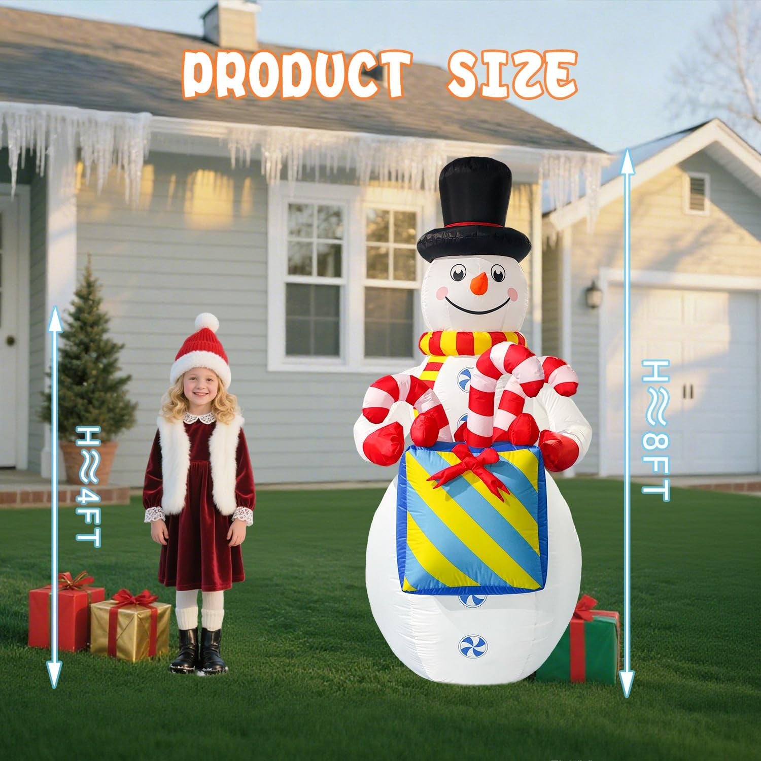 8Ft Tall Inflatable Snowman Christmas Decorations,Built-In LED Lights Outdoor Holiday Decor with Gift Box and Candy Canes, Fast Self-Inflating,For Yard Holiday Xmas New Year