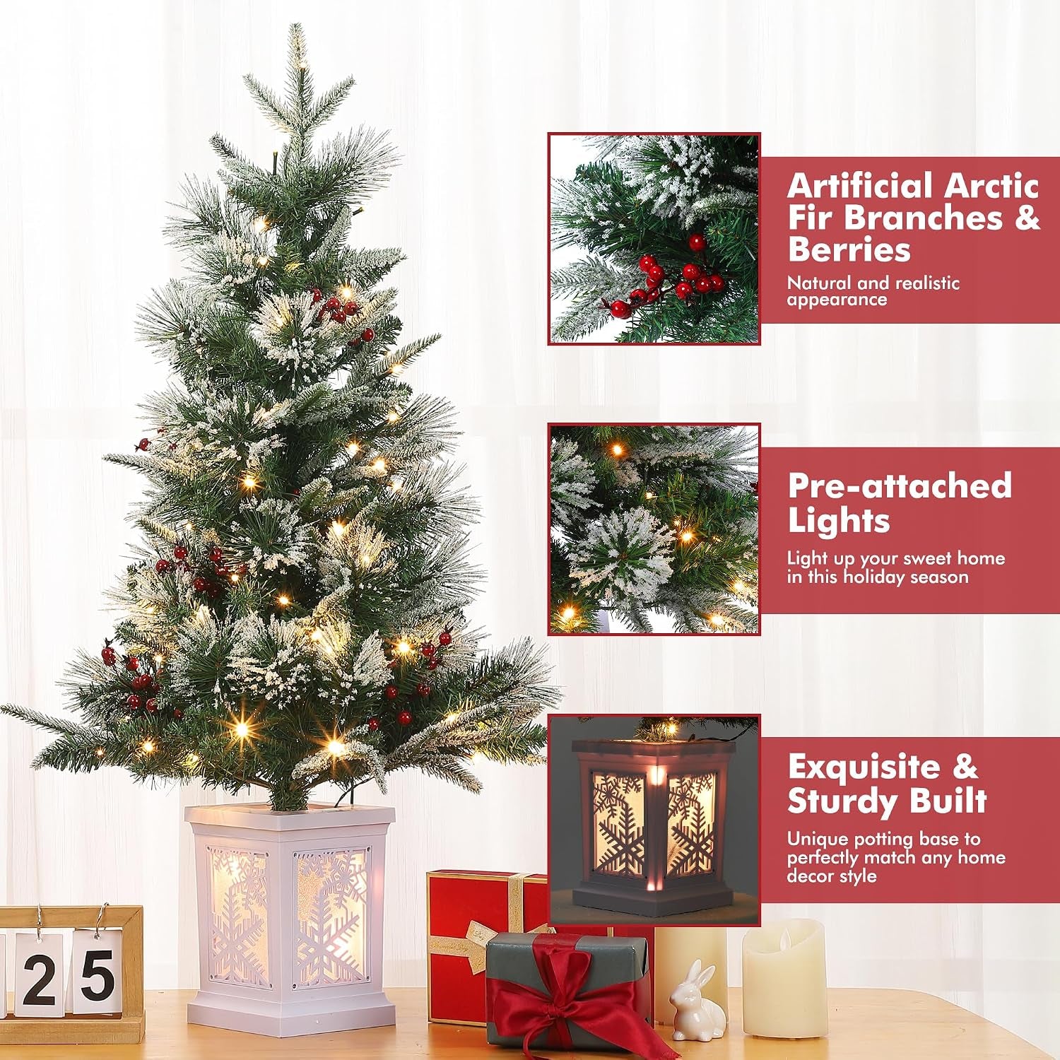 3FT Prelit Christmas Tree, Artificial Xmas Tree with Lighting Base