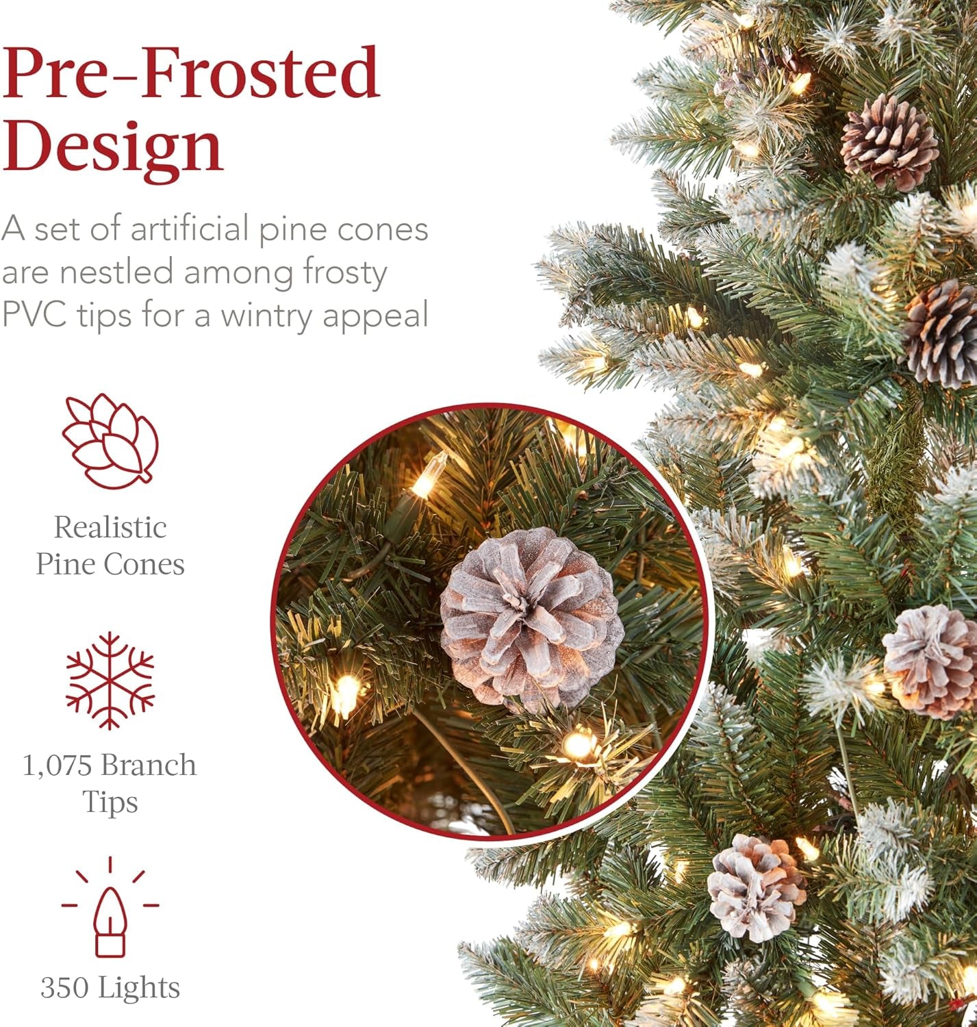 7.5Ft Pre-Lit Pencil Christmas Tree, Partially Flocked & Frosted Slim Holiday Tree Decoration, Skinny Xmas Tree, 350 Lights, 1,075 Frosted Tips, 64 Pine Cones, Foldable Stand