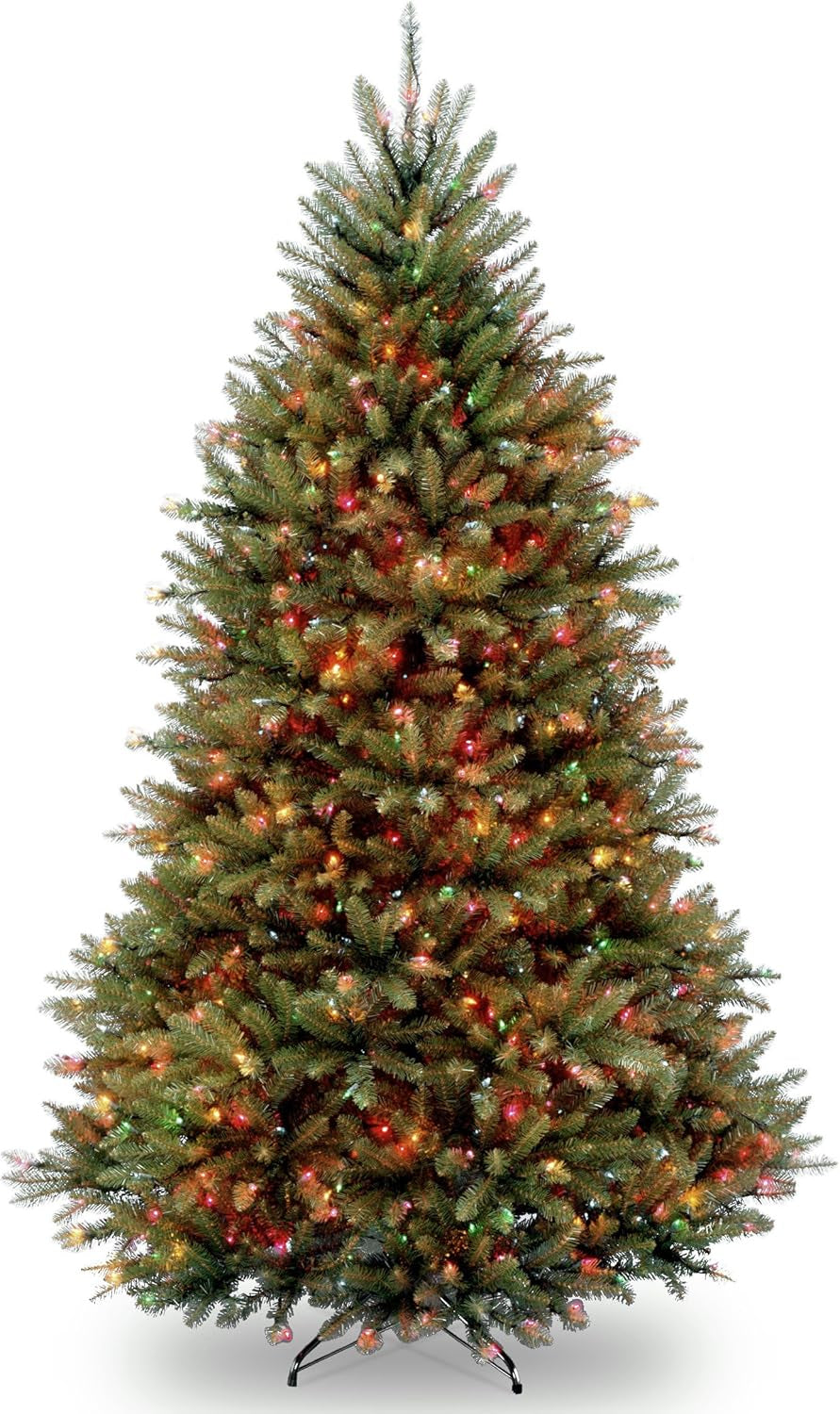 Pre-Lit Artificial Full Christmas Tree, Green, Dunhill Fir, Multicolor Lights, Includes Stand, 7 Feet
