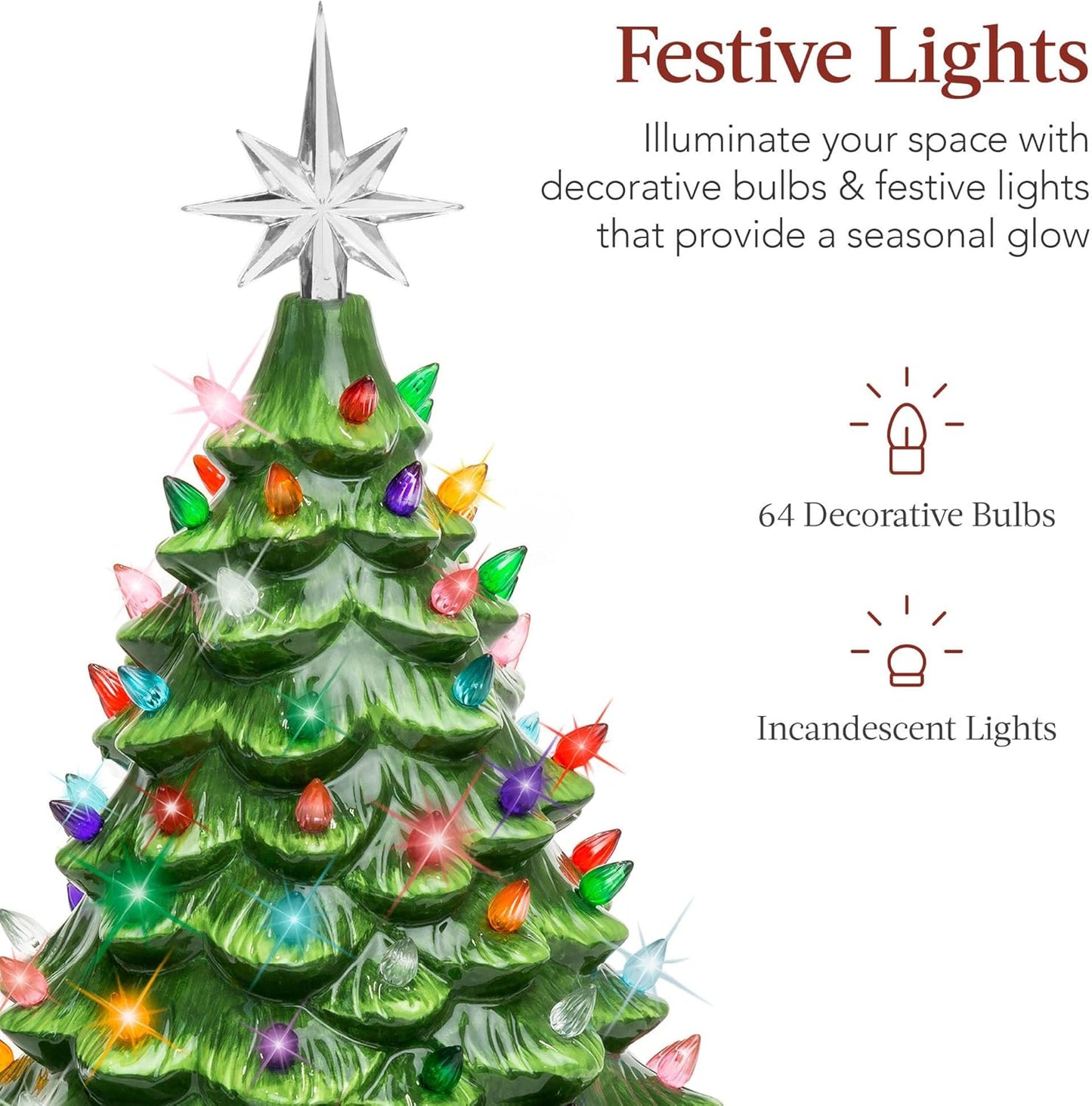 15In Ceramic Christmas Tree, Pre-Lit Hand-Painted Tabletop Holiday Tree, Star Topper, 64 Lights - Green W/Multicolored Bulbs