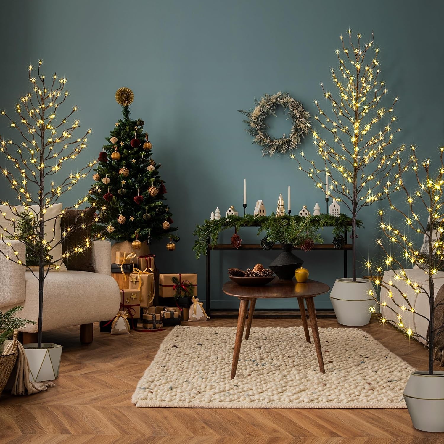 Set of 3 Star Light Trees Christmas Decorations, Including 3 Feet, 5 Feet, and 6 Feet, Warm White Christmas Tree, Brown Branch