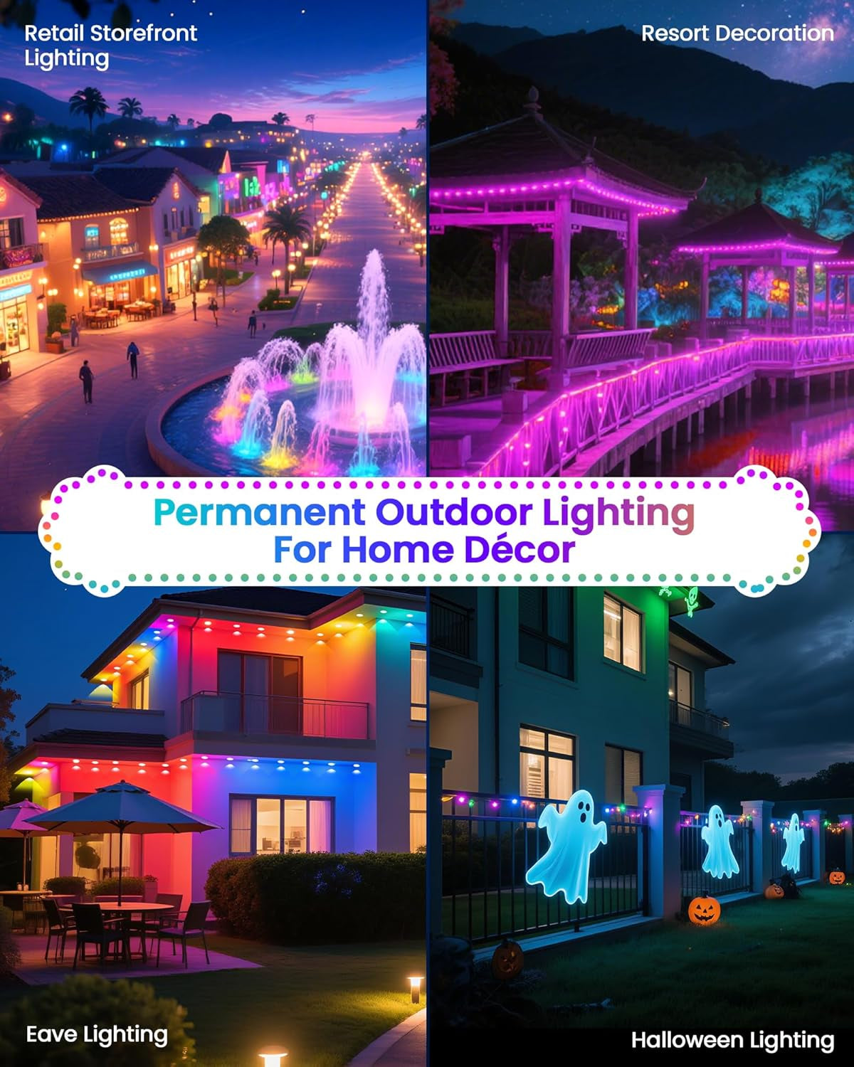 200FT RGB+IC Permanent Outdoor Lights, 24V Year-Round Roof & Eaves Lighting with 221 Modes, App & Remote Control, IP68 Waterproof, Smart outside Lights for Halloween, Christmas, Holidays