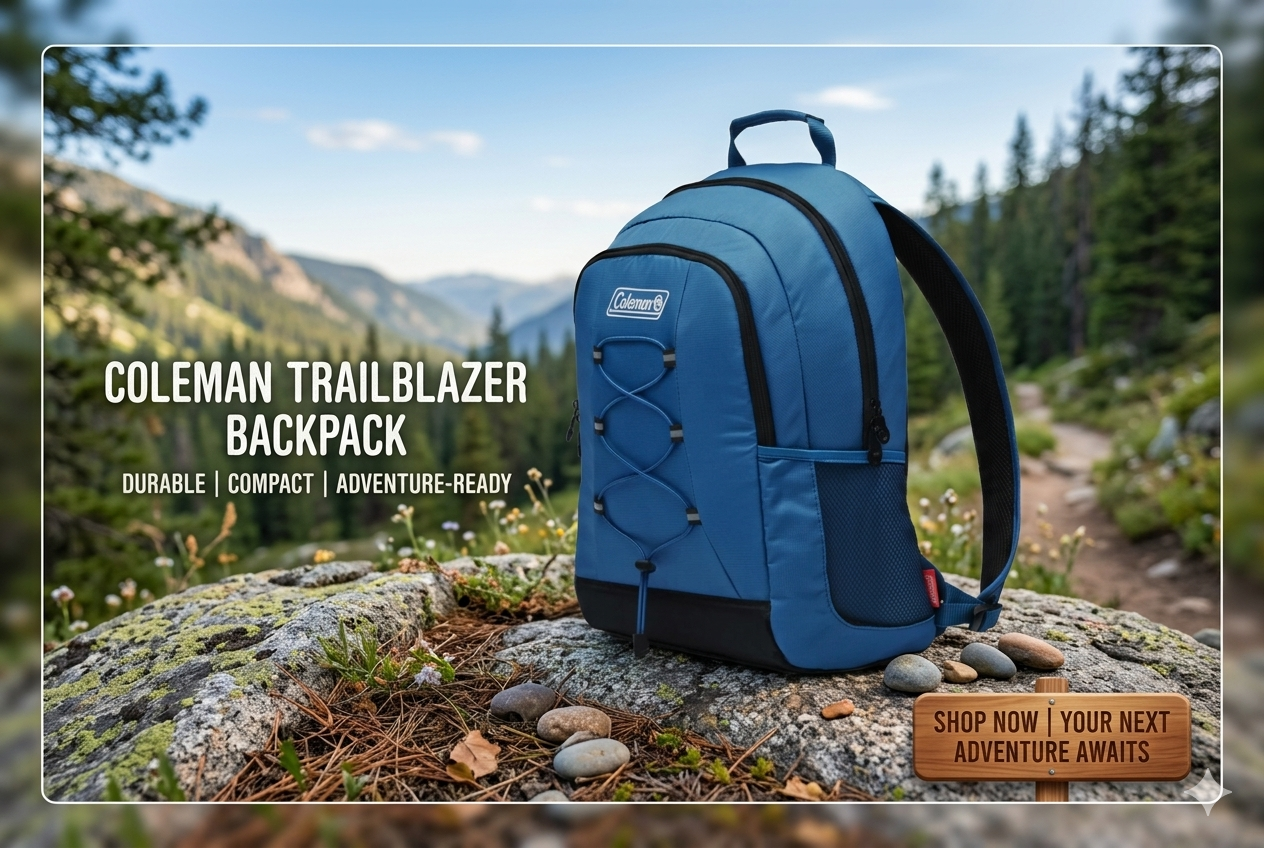 Blue Coleman Trailblazer backpack on a rock with a mountainous background