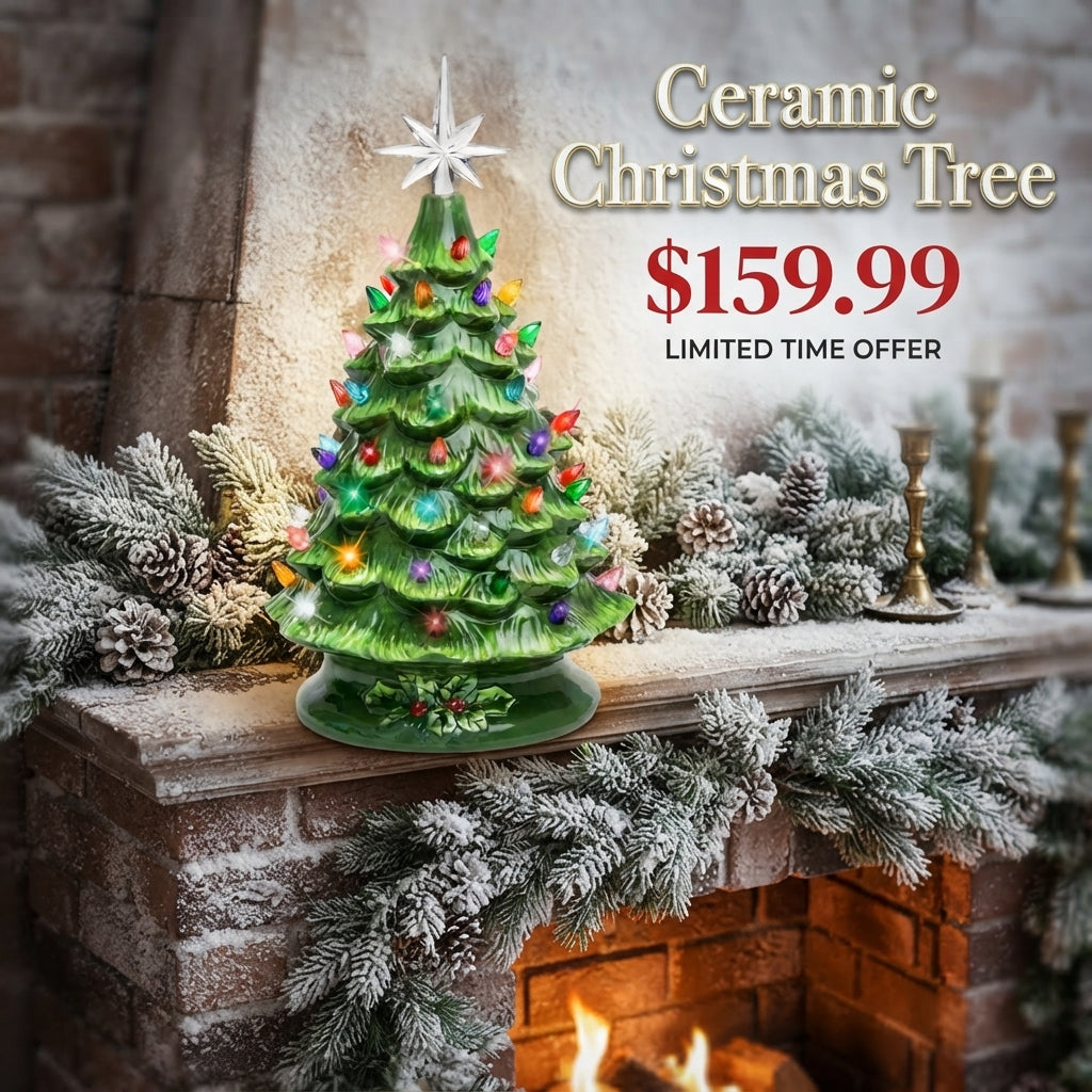 Ceramic Christmas Tree,15In  , Pre-Lit Hand-Painted Tabletop Holiday Tree, Star Topper, 64 Lights - Green W/Multicolored Bulbs