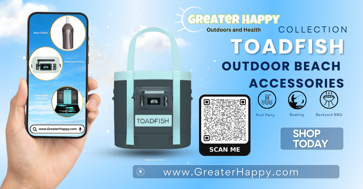 Greater Happy Toadfish outdoor beach accessories with a phone displaying app interface.