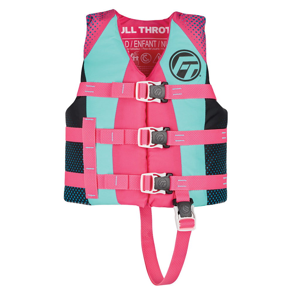 Pink and teal life jacket with brand logo on a white background
