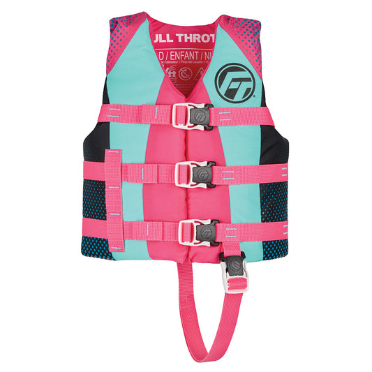 Pink and teal life jacket with brand logo on a white background