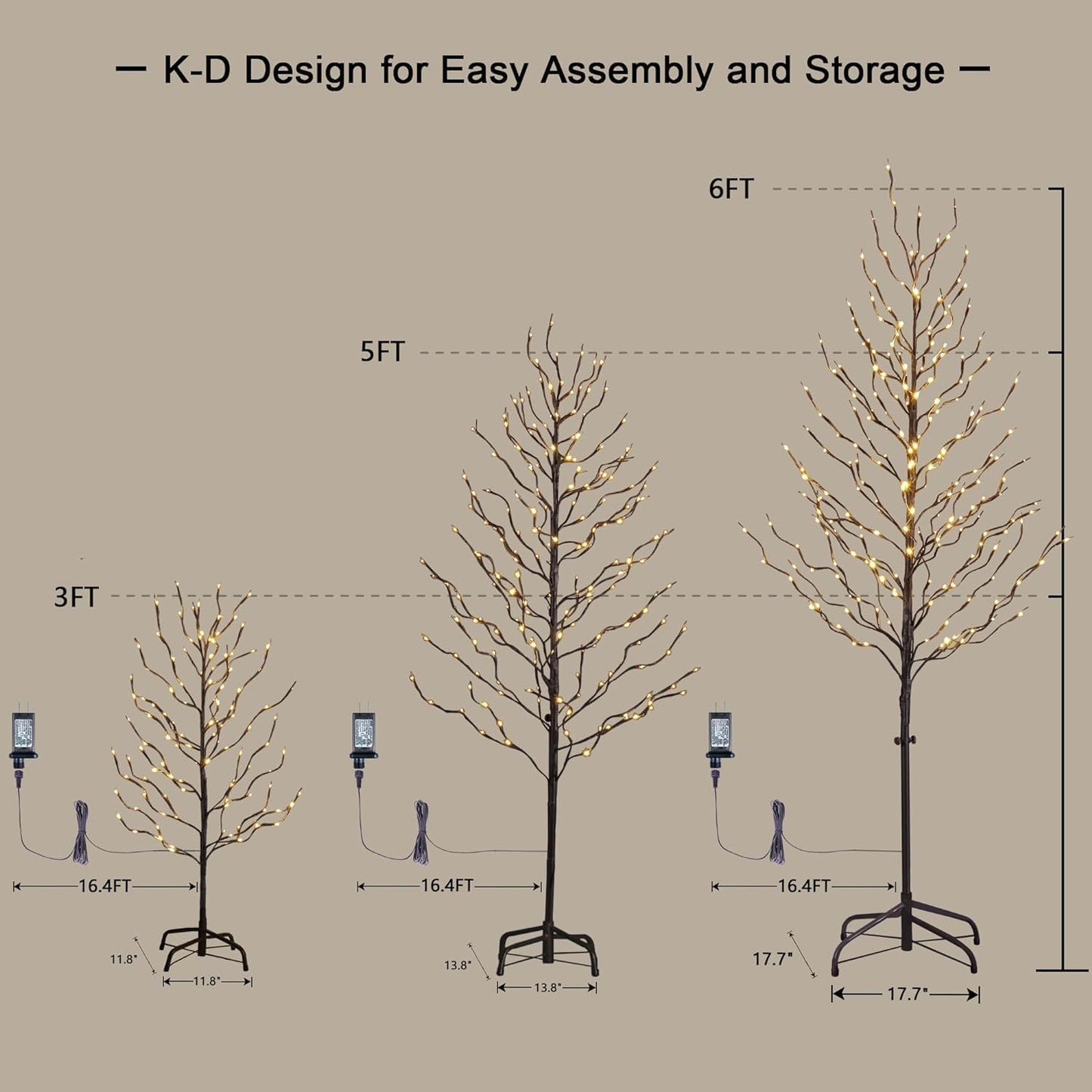 Set of 3 Star Light Trees Christmas Decorations, Including 3 Feet, 5 Feet, and 6 Feet, Warm White Christmas Tree, Brown Branch