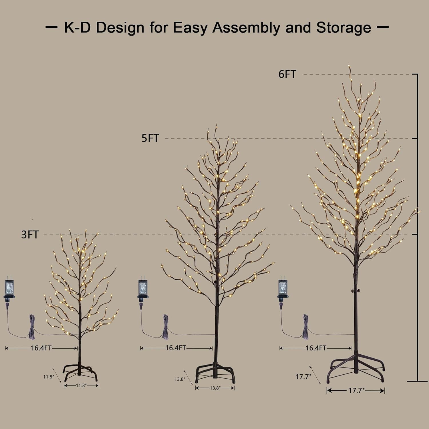 Set of 3 Star Light Trees Christmas Decorations, Including 3 Feet, 5 Feet, and 6 Feet, Warm White Christmas Tree, Brown Branch