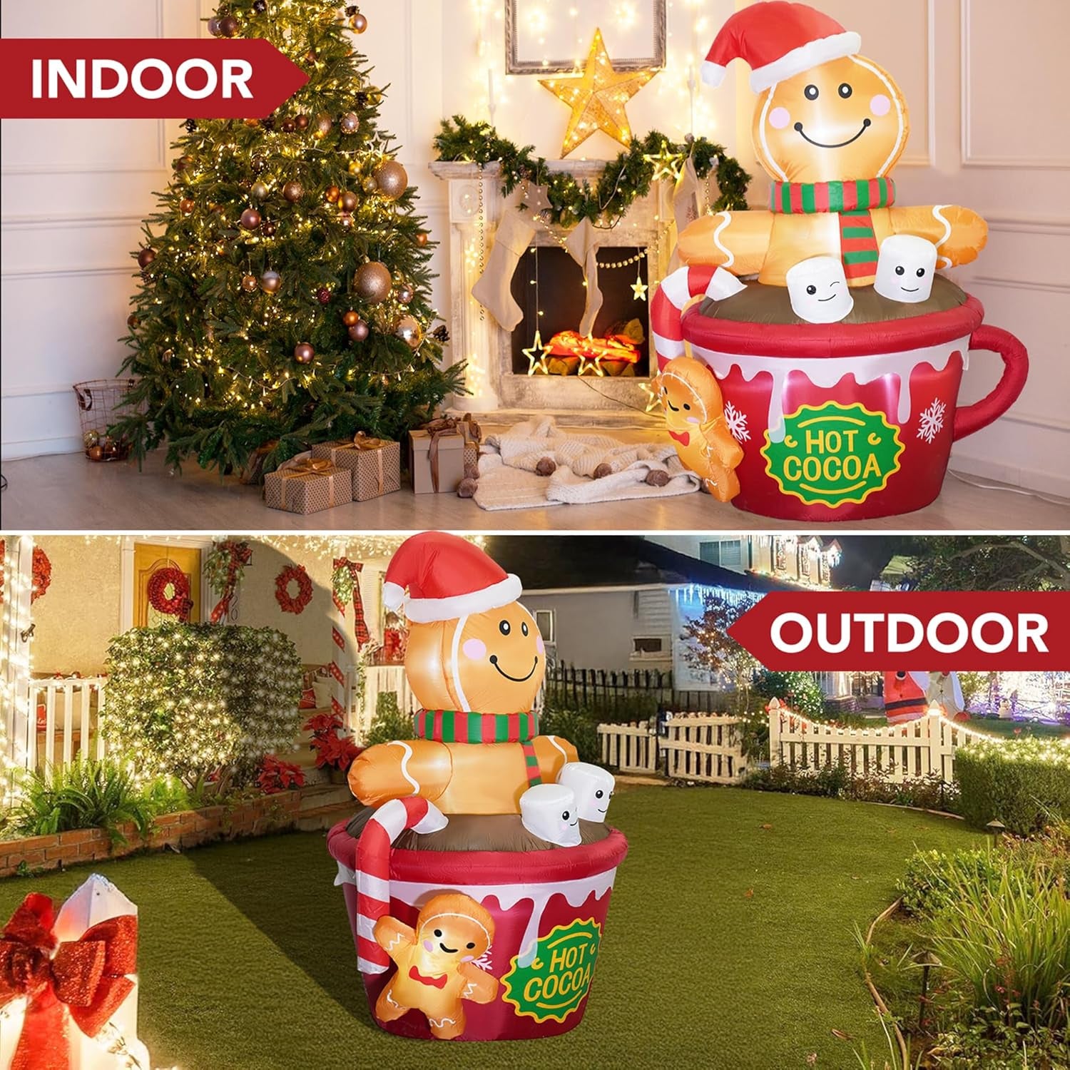 6 FT Christmas Inflatables Outdoor Decorations, Cute Christmas Blow up Yard Decorations Gingerbread Man in Hot Cocoa Mug Scene for Garden Lawn Xmas Decor